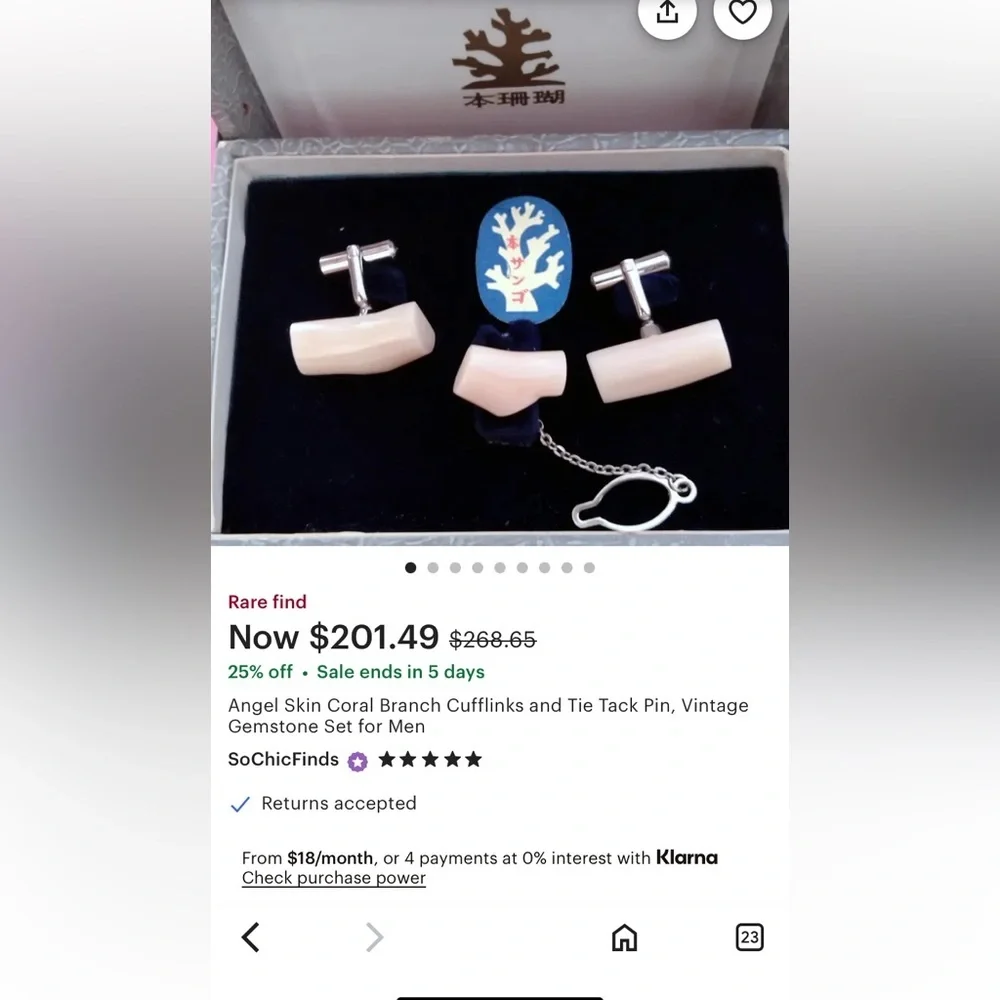 Vintage 60s Angel Skin Coral Branch Cufflinks & Tie Tack Pin Gemstone Set luxury